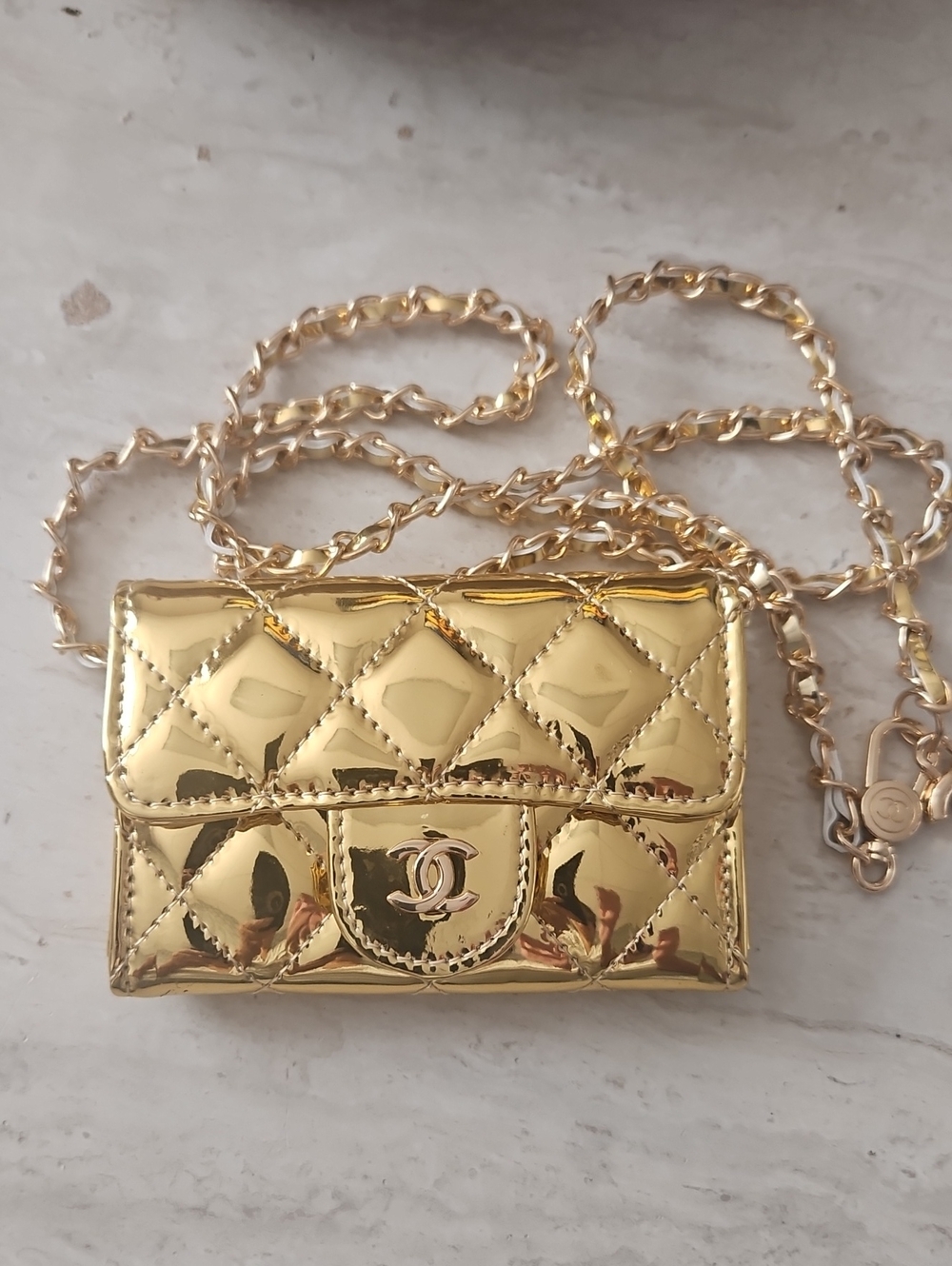 Gold Quilted Mini Chain Wallet